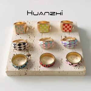 1pcs Alloy Checkered Ring Green Neon Green Gold Rings Glitter Jelly Enamel Trend